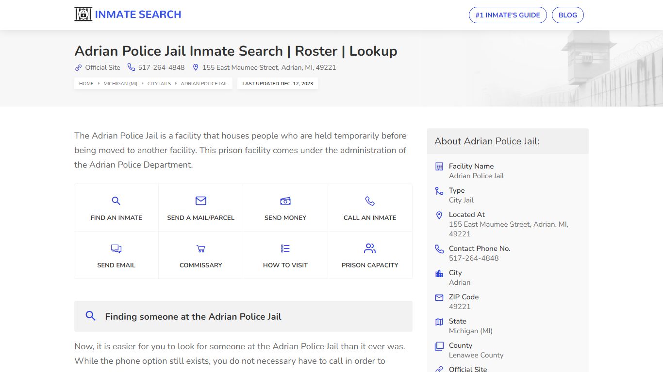 Adrian Police Jail Inmate Search | Roster | Lookup