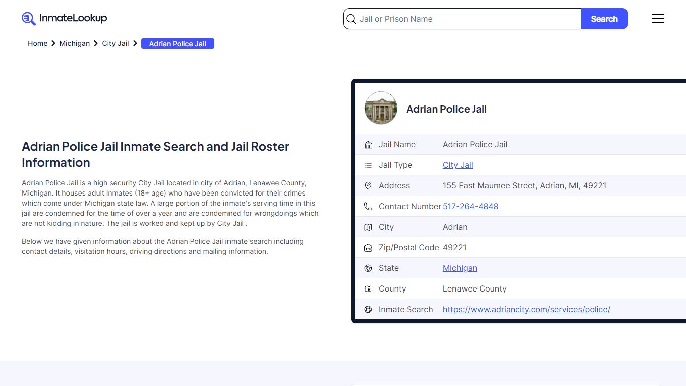 Adrian Police Jail (MI) Inmate Search Michigan - Inmate Lookup